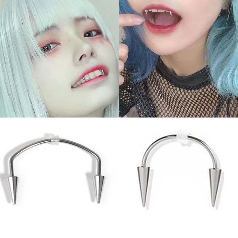 1PC Stainless Steel C Rod Dracula Vampire Fangs Tooth Smiley Piercing Punk Labret Ear Piercing Earrings 2021 Trend Body Jewelry