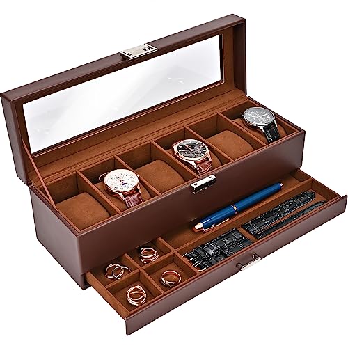 ProCase Watch Box Organizer for Men, 6 Slot Watch Display Case with Drawer, Christmas Gift Mens Watch Box Watch Case Holder, 6 Watch Box Double-layer Jewelry and Watch Storage Case -Espresso