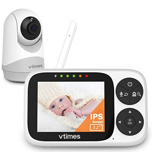 VTimes Video Baby Monitor with Camera and Audio, 3.2" IPS Screen Baby Camera Monitor No WiFi Night Vision VOX Mode Pan-Tilt-Zoom Temperature Display 2 Way Audio Lullaby Feeding Alarm and 1000ft Range