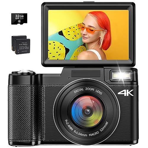 Toiauaha 4K Digital Camera for Photography, Autofocus 48MP Vlogging YouTube with 16X Zoom Macro Camera, 3’’180 Degree Flip Screen Compact Video Liftable Flash, SD Card&2 Batteries Black DC062