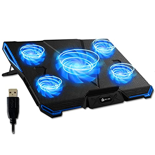 KLIM Cyclone Laptop Cooling Pad with 5 Quiet Fans - New 2023 - Gaming Laptop Cooling Pad - Stable Laptop Stand with Fan - Compatible up to 17"- 5 Year Warranty - PC Mac PS5 PS4 Xbox One - Black Blue