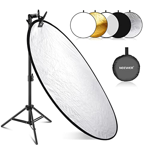 NEEWER 43”/110cm Light Reflector with Metal Clamp and Stand, 5-in-1 Collapsible Round Reflector - Translucent, Silver, Gold, White and Black for Low-Angle Children Studio Photography, Outdoor Lighting