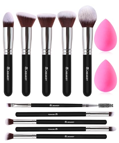 BEAKEY Soft Make up Brushes, Gentle on Skin, Effective Application - 12Pcs Premium Makeup Brush Set, Makeup Brushes, Contour Brushes, with 2Pcs Blender Sponges (Packaging May Vary)