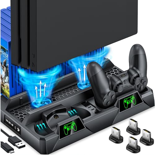 Kawaye PS4 Stand Cooling Fan for PS4 Slim/PS4 Pro/Playstation 4, PS4 Vertical Stand Cooler with Dual Controller Charge Station & 16 Game Storage,Organizer Stand with Game Storage PS4 Accessories