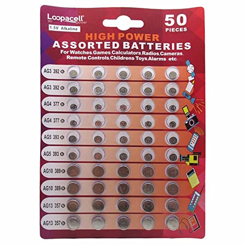 Loopacell High Power Super Alkaline Button Cell Assorted 1.5V Battery AG3/LR41 AG4/LR626 AG5/LR754 AG10/LR1130 AG13/LR44,50 Count (Pack of 1)