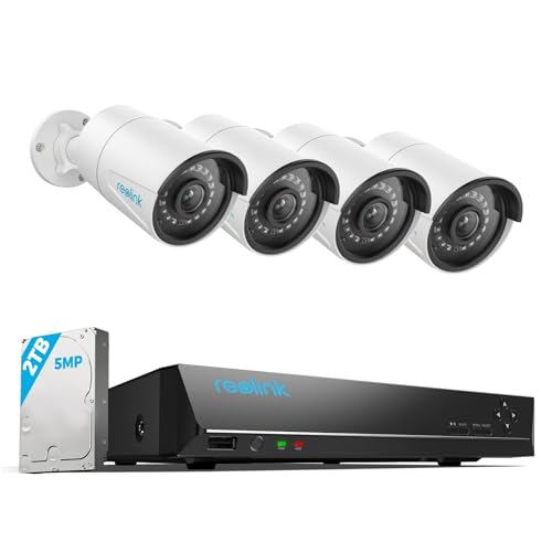 REOLINK 8CH 5MP Home Security Camera System, 4pcs Wired 5MP Outdoor PoE IP Cameras with Person Vehicle Detection, 4K 8CH NVR with 2TB HDD for 24-7 Recording, RLK8-410B4-5MP White