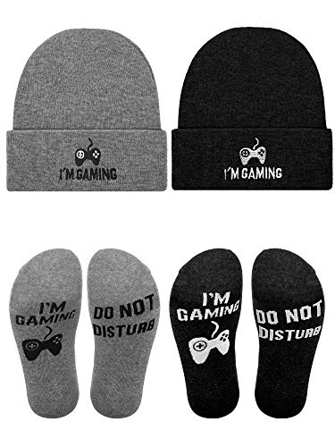 4 Pieces I'm Gaming Winter Beanie Hat Gamer Socks Set Funny Knitted Cuffed Skull Cap (Gray, Black)
