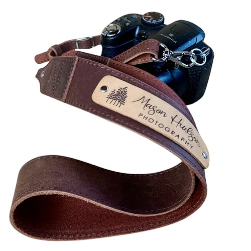 Adjustable Personalized Leather Camera Strap with Custom Logo Engraving which fits on all Cameras, and Binoculars