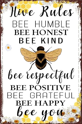 Bee Hive Rules Metal Tin Sign- Bee Garden Decor Signs,Bee Vintage Wall Decor Retro Sign Art,Bees Hive Wall Decor Outdoor,Vintage Bee Hive Decoration(8x12 inch)