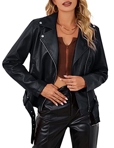 Bellivera Women Faux Leather Short Motorcycle Jacket Winter Trendy Moto Biker Casual Spring Coat 7906 Black XL