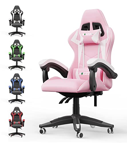 Bigzzia Gaming Chair Office Chair Reclining High Back Leather Adjustable Swivel Rolling Ergonomic Video Game Chairs Racing Chair Computer Desk Chair with Headrest and Lumbar Support (Pink)