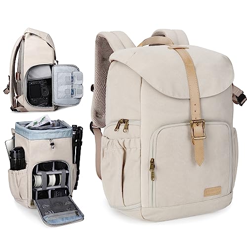 Camera Backpack, BAGSMAR DSLR Camera Bag Backpacks for Photographers, Waterproof Anti-Theft Photography Backpack with 15 Inch Laptop Compartment & Tripod Holder, Ivory White