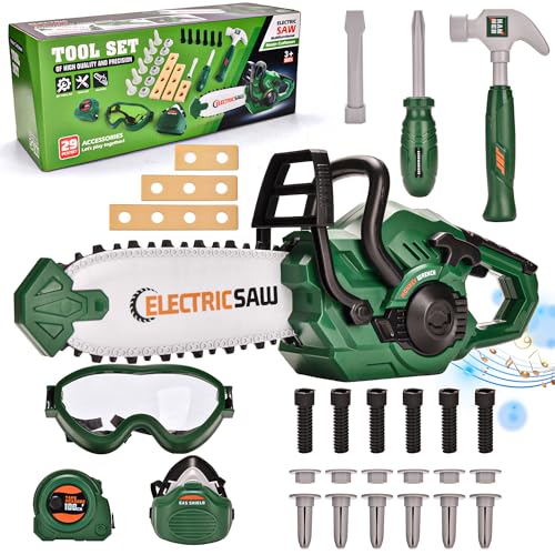 Chainsaw for Kids, Kids Tool Set Electric Toys, Construction Pretend Play Tools, Chainsaw with Realistic Sounds & Light, 29 PCS Educational Tool Kit for Toddler, Toy Tools for Kids Age 3 4 5 and Up