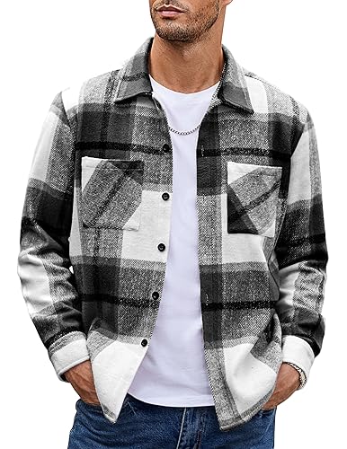 COOFANDY Men's Flannel Shirt Casual Shacket Long Sleeve Button Down Plaid Shirt Jacket Lightweight Fleece Fall Shirt Black