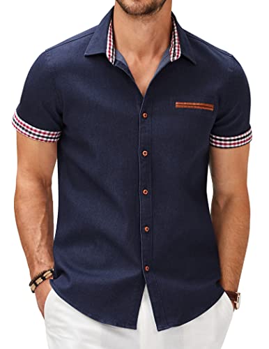 COOFANDY Mens Slim Fit Short Sleeve Button Down Shirts Summer Denim Shirt, Navy Blue, X-Large