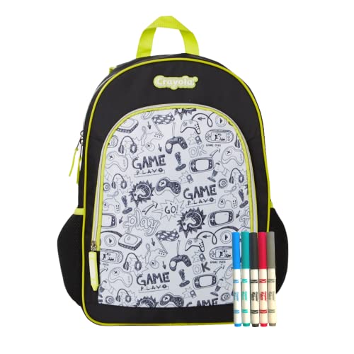 Crayola Color Your Own Gaming Backpack for Kids, 16 inch, Black and Neon