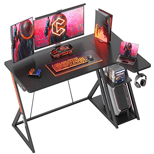 CubiCubi Aurora Gaming Desk with Carbon Fiber Surface, 47 Inch L Shaped Desk with Storage Shelves, Small Corner Computer Desk with Monitor Shelf, Gamer Desk PC Table, Black