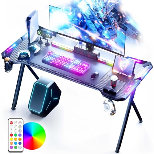 Dowinx Gaming Desk with LED Lights, RGB Gaming Computer Table with Carbon Fibre Surface, LED Home Office Desk with Remote Control, Pc Workstation, 47 Inch, Black