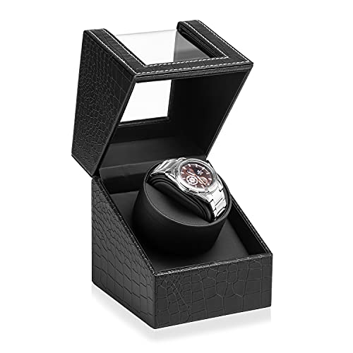 Efaithtek Automatic Single Watch Winder in Black Crocodile Pattern Leather with Japanese Quiet Motor，AC Adapter or Battery Powered
