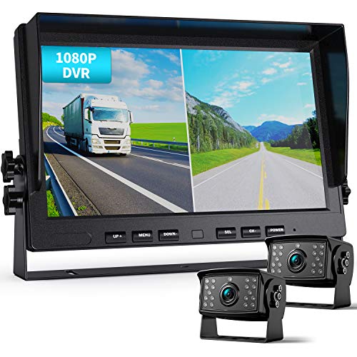 Fookoo Ⅱ HD Wired Backup Camera System Kit,10 inch Dual Split Screen Monitor with Recording IP69 Waterproof Front View Rear View Cameras Parking Lines for Truck/Semi-Trailer/Box Truck/RV(DY102)