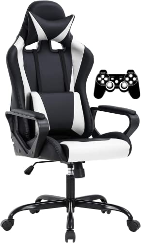 Gaming Chair Office Chair High-Back Ergonomic Video Game Chairs for Kids Teen Adult Height Adjustable Reclining Computer Chair with Lumbar Support Armrest Headrest Game Chair - White