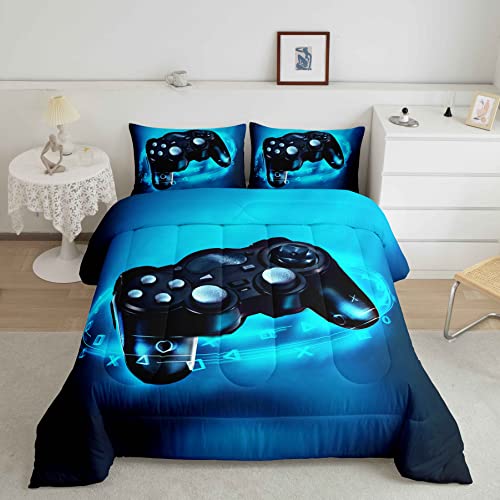 Gaming Comforter for Boys Kids Gamer Comforter Set Full Size Game Home Decor Soft Video Game Gamepad Bedding Set Modern All Season Teens Bedroom Down Duvet, 1 Comforter with 2 Pillowcase, Blue