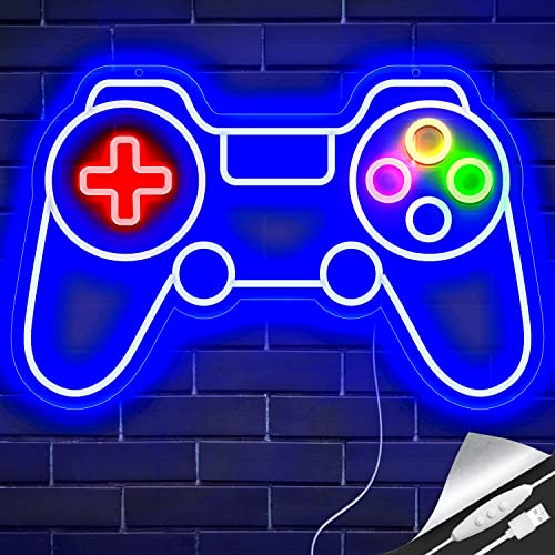 GGK Game Controller Neon Sign for Gamer Room Decor Gamer Gifts for Teen Boys Room Decor Upgraded Gaming Lights Game Console Neon Light Game Room Sign for Bedroom Wall Decor (Blue Gamepad)