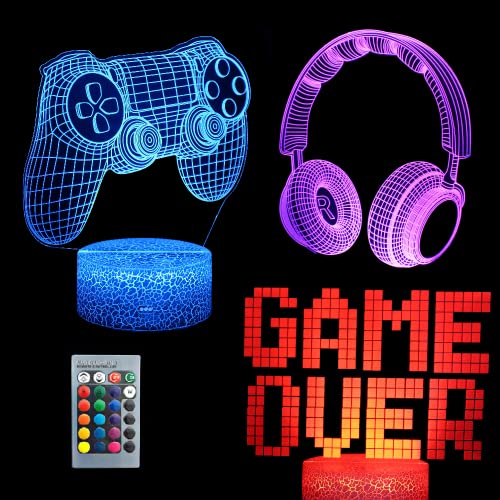 GIFIZOL Joystick Game Over 3D Illusion Lamp, Gamepad Headphone Game Room Desk Decor Lamp Gaming Night Light with Remote Control 16 Color Changing, Xmas Birthday Gifts for TV Gamer Men, Teens Game Fan