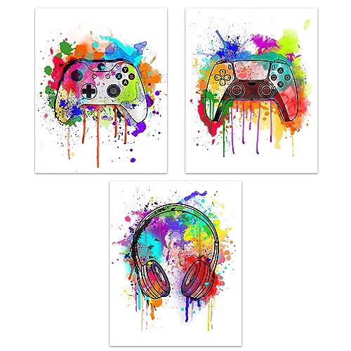 HerZii Prints Watercolor Gaming Posters Set of 3 (8x10), Boys Room Wall Decorations for Bedroom, Gaming Room Accessories, Gamer, Boy, Teen Room Wall Art Decor, Gaming Room Decor - UNFRAMED (White)