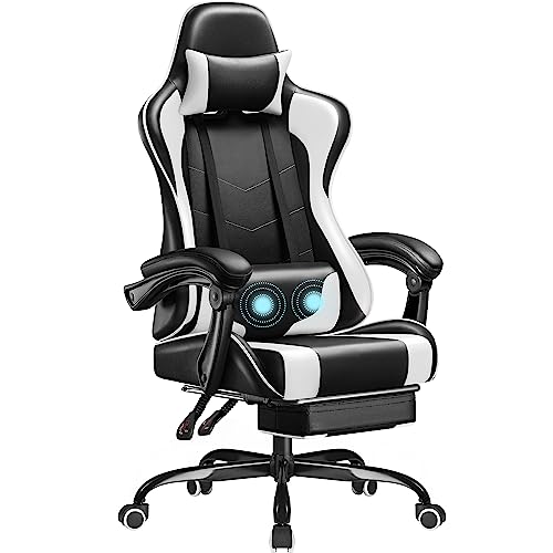 Homall Gaming Chair, Video Game Chair with Footrest and Massage Lumbar Support, Ergonomic Computer Chair Height Adjustable with Swivel Seat and Headrest (Faux Leather, White)