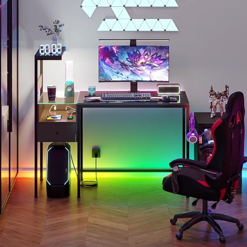 HOME BI Gaming Desk with 3D Led Lights & Power Outlets, 49 in PC Gaming Table with Reversible Shelves, Gamer Desk with Headset Hook Storage Drawer, Carbon Fiber, Black