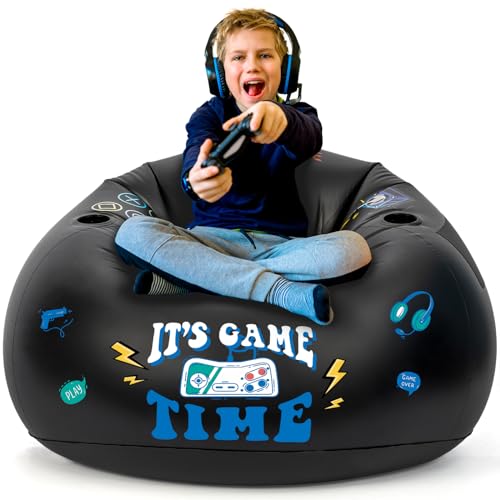 Inflatable Gaming Chair for Kids, Gaming Bean Bag Chair for Teens - Cool Boys Room Furniture with Cup Holder and Side Pocket, Perfect Gamer Decor for Boys Room, Kids Room Chair, Black Video Game Chair
