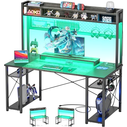 iSunirm 48 Gaming Desk with Hutch, Large Computer Desk with LED and Charging Station, Home Office Desk with Pegboard, Power Outlet, Storage and Monitor Stand, 48'' Gamer Desk PC Table, Grey