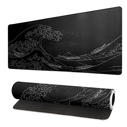 Japanese Sea Wave Large Mouse Pad, Anime Black Gaming, Extended Kanagawa Mat Desk Pad, 3mm Thick Long Non-Slip Rubber Base Mice Pad, 31.5 X 11.8 Inch