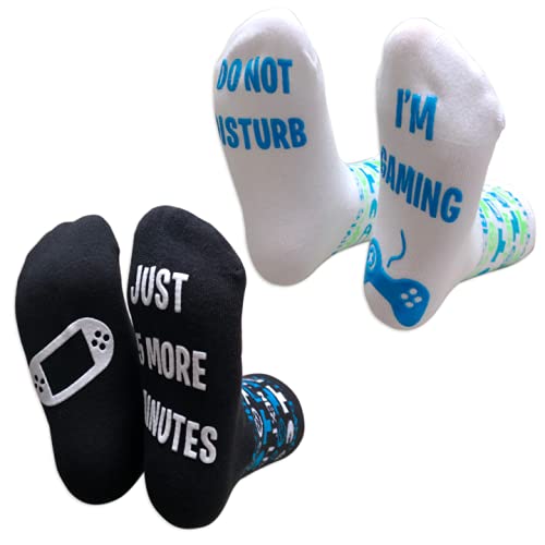 Kids Novelty Gaming Socks 2 Pack - "Do Not Disturb, I'm Gaming" & "Just 5 More Minutes" (Little Kid 5-9)