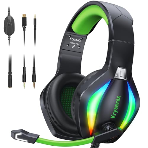 Krysenix PG1 Gaming Headset for PS4/PS5/PC/Xbox/Nintendo Switch, Xbox One Headset with AI Stereo Microphone Sound, Computer Headset with 3.5mm Jack & RGB Light Black/Green