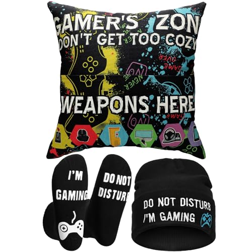 Liitrsh Gamer Gifts for Teen Boys Gamer Gift Pillow 18 X18 Inch Gamer Beanie and Do Not Disturb Gaming Sock I'm Gaming Novelty Socks for Christmas Valentines Father's Day Gamer Gifts for Men Teenage