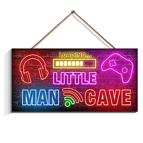 Little Man Cave, Neon Gaming Wooden Door Sign for Little Boy Gamer Room Decor, Nursery Playroom Hanging Decor (6"x12")