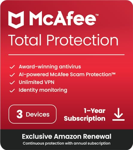 McAfee Total Protection 2024 Ready | 3 Device | Cybersecurity Software Includes Antivirus, Secure VPN, Password Manager, Dark Web Monitoring | Amazon Exclusive 1 Year with Auto Renewal