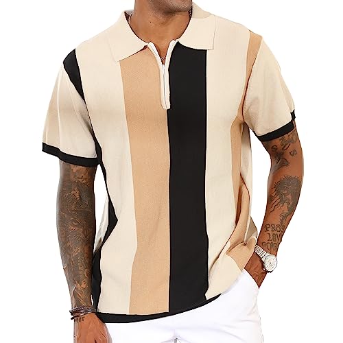 Men's Fashion Polo Shirts Vintage Striped Knitting Shirts Casual Slim Fit Golf Shirts Apricot
