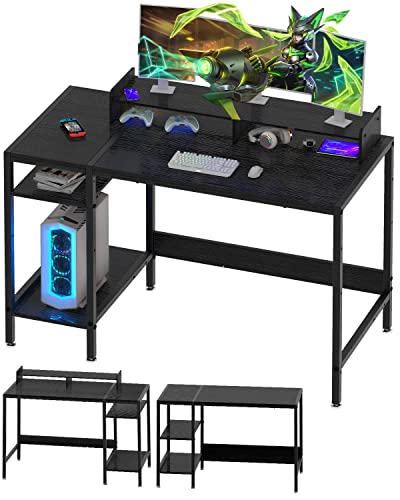 MINOSYS Computer Desk - 39” Gaming Desk, Home Office Desk with Storage, Small Desk with Monitor Stand, Writing Desk for 2 Monitors, Adjustable Storage Space, Modern Design Corner Table, Black.