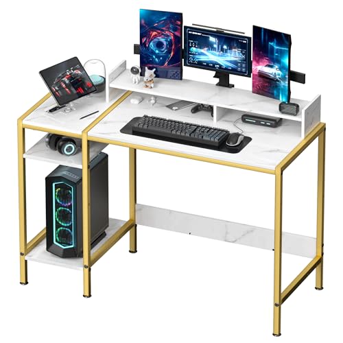 MINOSYS Computer Desk - 47” Gaming Desk, Home Office Desk with Storage, Small Desk with Monitor Stand, Writing Desk for 2 Monitors, Adjustable Storage Space, Modern Design Corner Table, Marble.