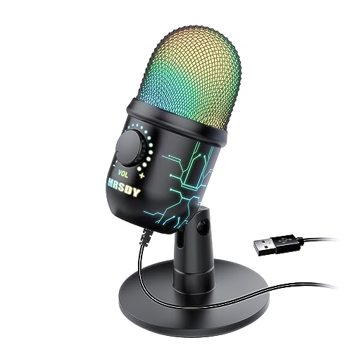 MRSDY Gaming Microphone, USB Computer Microphone for PC, Mac, PS4/5, Condenser Podcast Mic for Studio Recording, YouTube, Streaming, with Headphone Jack, Led Light, Mute, Gain, Noise Cancellation