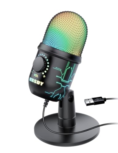 MRSDY Gaming Microphone, USB Computer Microphone for PC, Mac, PS4/5, Condenser Podcast Mic for Studio Recording, YouTube, Streaming, with Headphone Jack, Led Light, Mute, Gain, Noise Cancellation