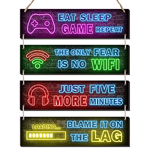 Neon Gaming Wall Decor Set of 4 - Boys Room Decorations for Bedroom, Neon Gaming Art Print Game Plaque Wall Art Decorations Perfect Teenager Gift for Kids Room Decoration（MC11）
