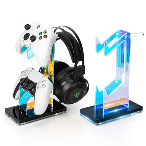OAPRIRE Controller Holder Headset Stand with Lights, 2 Tier Acrylic Gaming Controller Stand for PS4, PS5, Xbox ONE, Switch, Universal Design (Black)