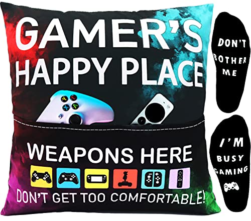 OCCdesign Gamer Gifts for Teenage Boys, Gaming Room Decoration, Gamer Pillow Cover and Game Socks Gifts Set, 18" x 18"