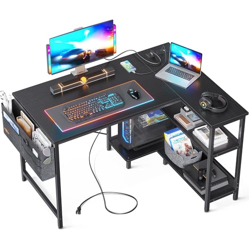 ODK 40 Inch Small L Shaped Gaming Computer Desk with Power Outlets, Reversible Storage Shelves & PC Stand for Home Office, Simple Writing Study Table with Storage Bag for Small Space, Black