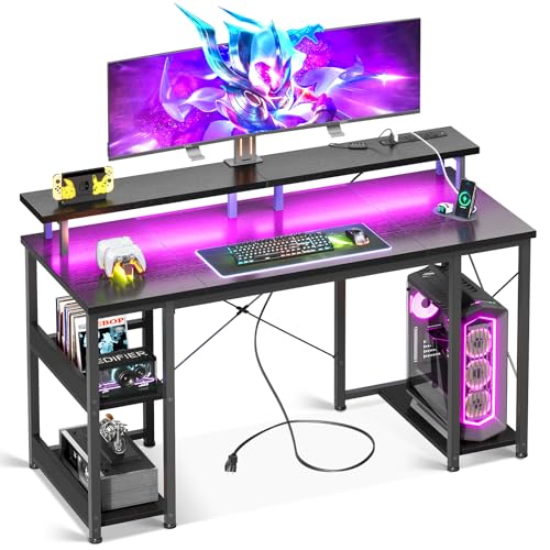 ODK 48 inch Gaming Desk with LED Lights & Power Outlets, Computer Desk with Monitor Stand & Storage Sheves, CPU Stand, Home Office Desk, Black