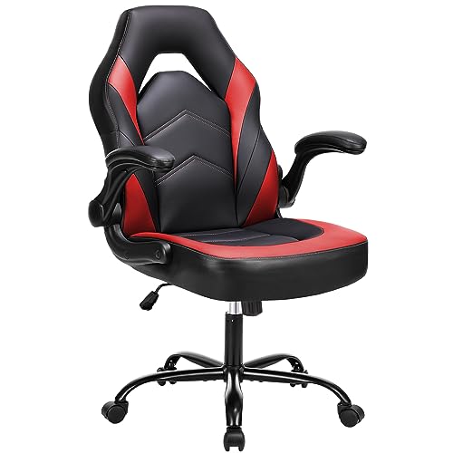 OLIXIS Ergonomic Office Computer Gaming Chair with Lumbar Support Flip-up Arms Adjustable Height PU Leather Swivel with Wheels, 25.98D x 25.39W x 41.73H, Red
